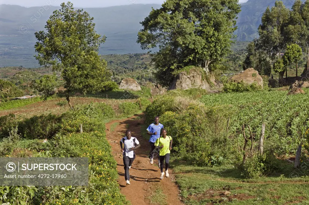 Kenya, Tambach District. Kenyas long distance runners, based at a high altitude training camp at Iten, train in the hilly country near the Elgeyo Escarpment.
