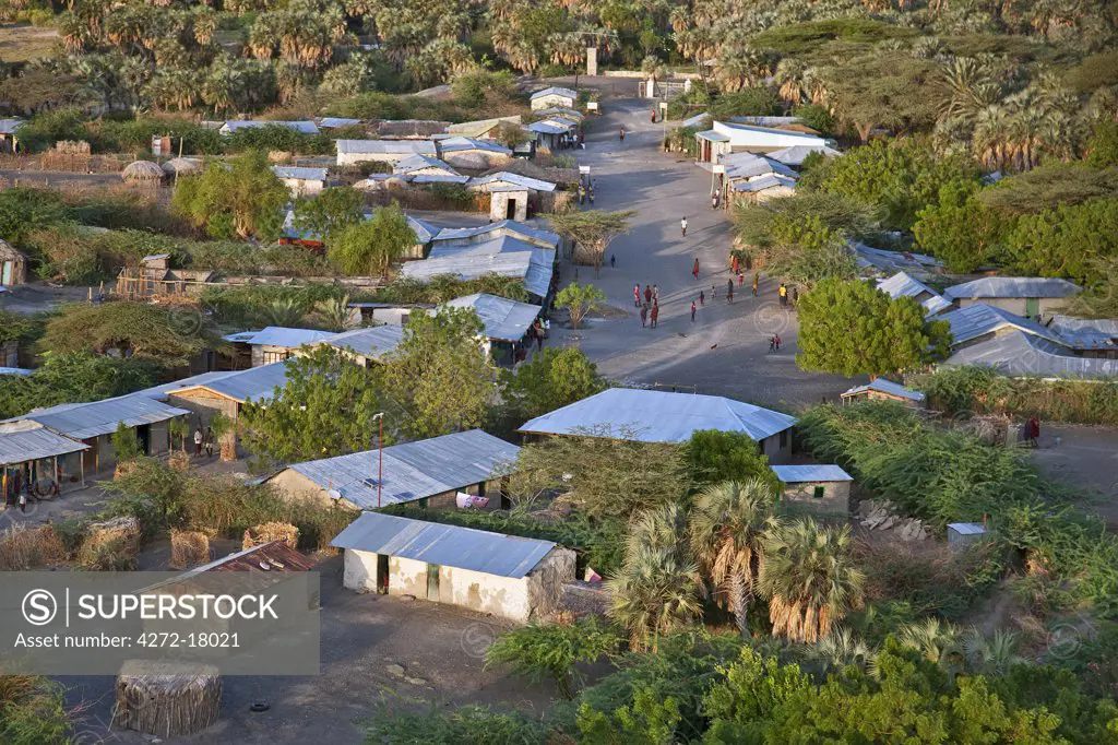 An aerial view of the small town of Loiengalani which is situated beside springs near the eastern shores of Lake Turkana.