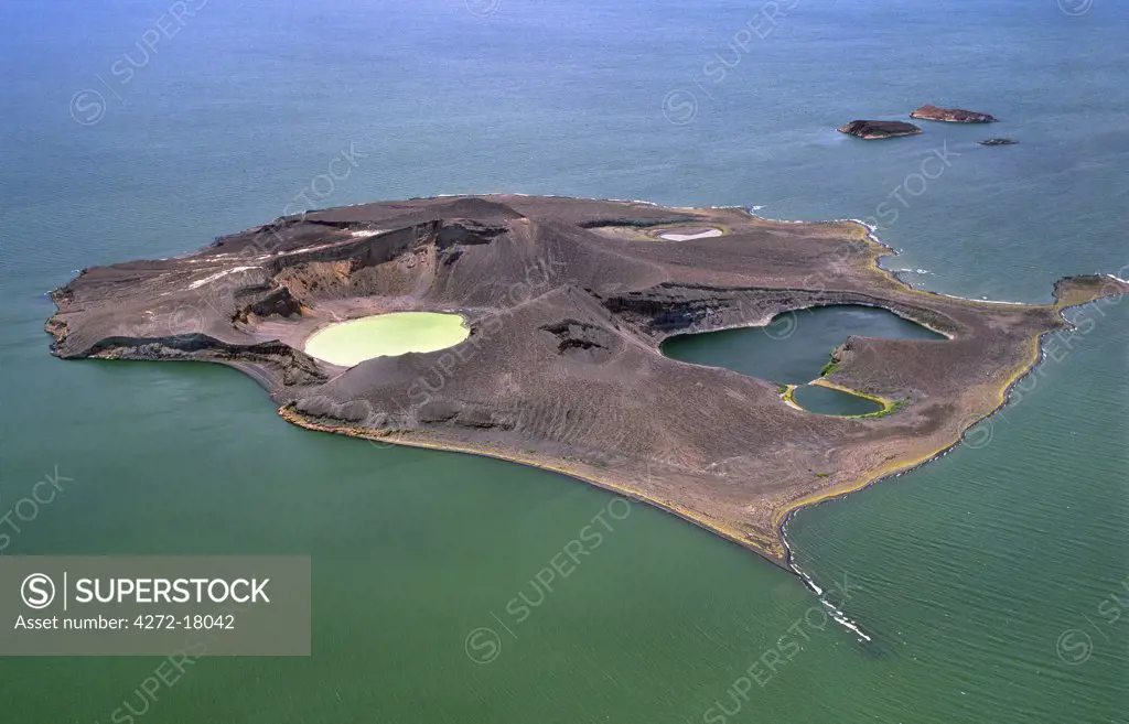 An aerial view of Central Island, Lake Turkana showing its two large crater lakes of volcanic origin which are replenished from the main lake by underground seepage.