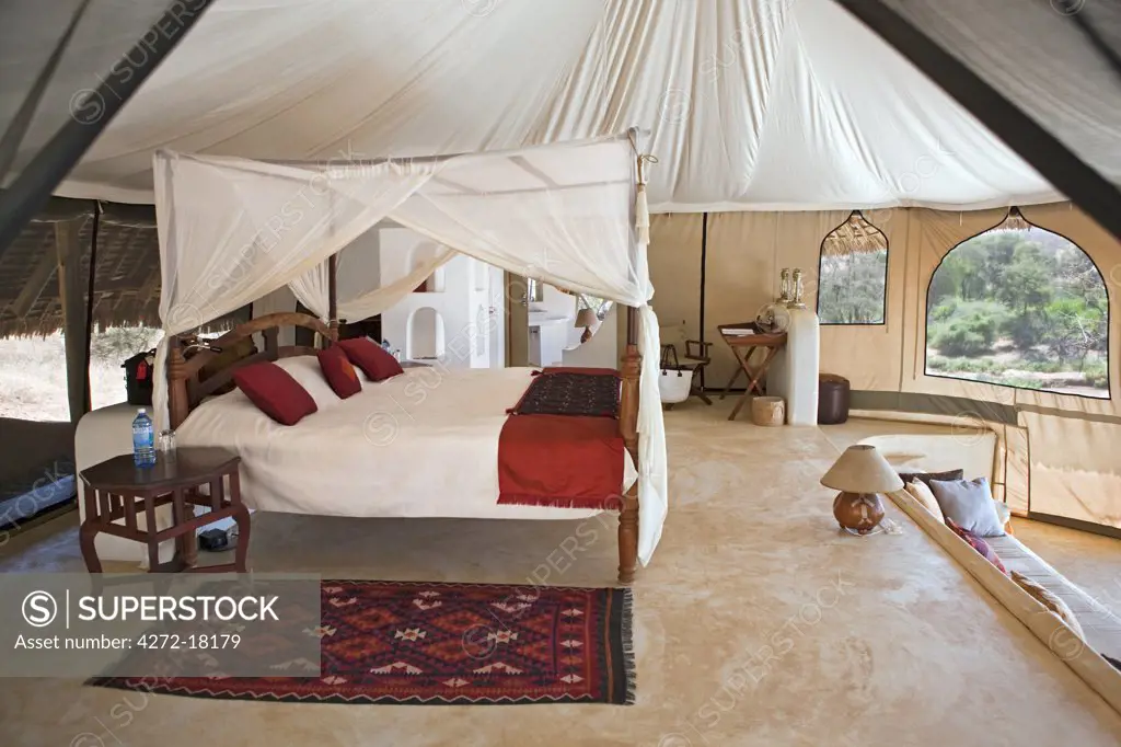 Kenya, A bedroom in the luxurious Sasaab Lodge on the banks of the Uaso Nyiru River.