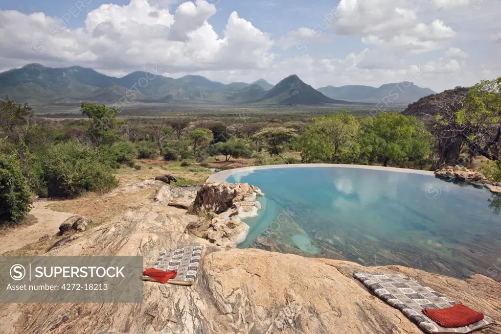 Kenya, The natural rock swimming pool of Sarara Camp, a luxurious ecolodge situated near the Mathews Mountains