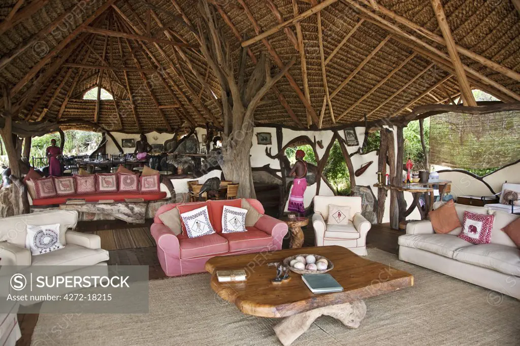 Kenya, The main sitting and dining area of Sarara Camp, an ecolodge situated near the Mathews Mountains