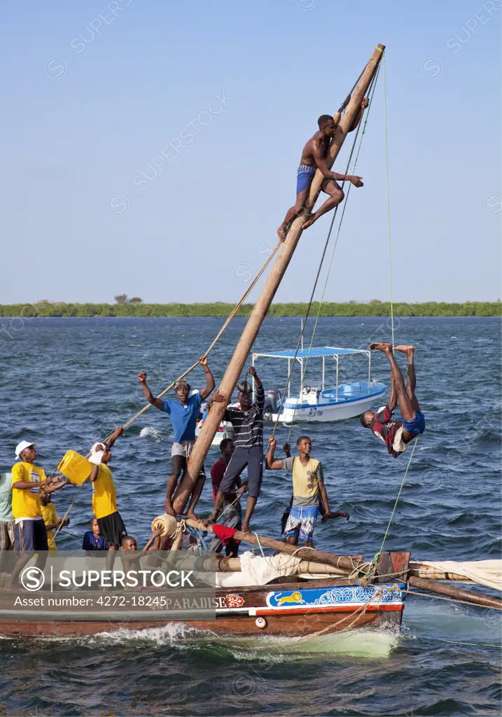 Kenya. The ecstatic crew of a Mashua sailing boat after winning one of the bi-annual boat races held at Lamu.