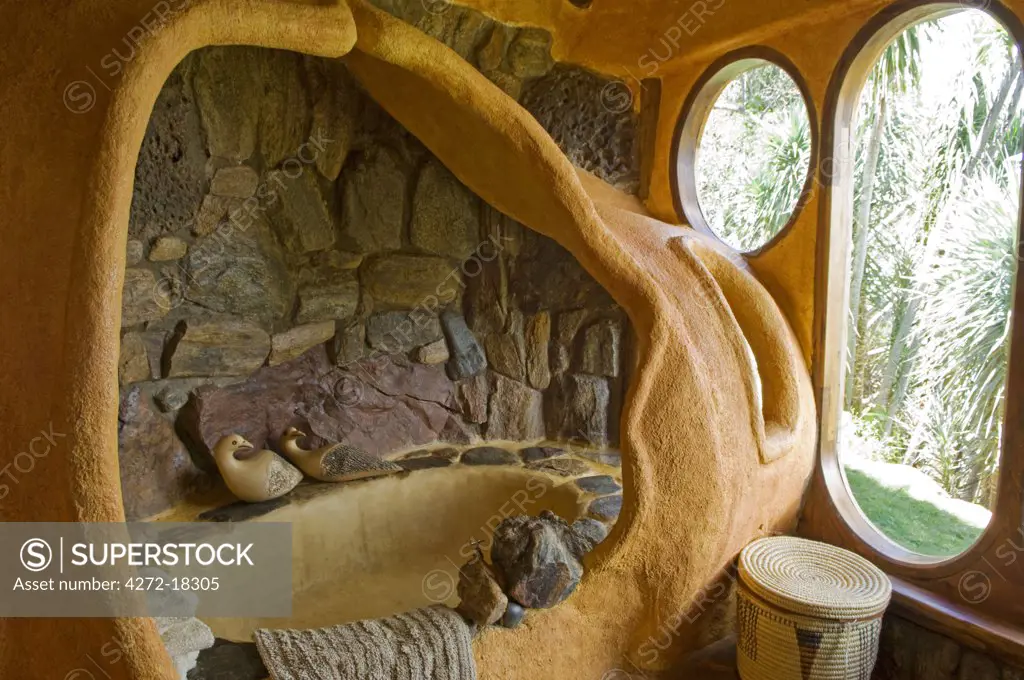 Kenya, Laikipia, Ol Malo.  The imaginative bathroom of the Cave Room at Ol Malo House, a private Bush Home.