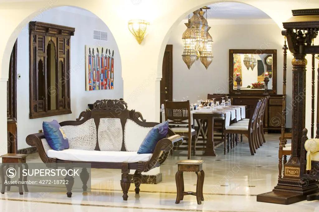 Kenya, Coast, Diani Beach.The hall and dining room of the Presidential Suite at Almanara Beach Resort.