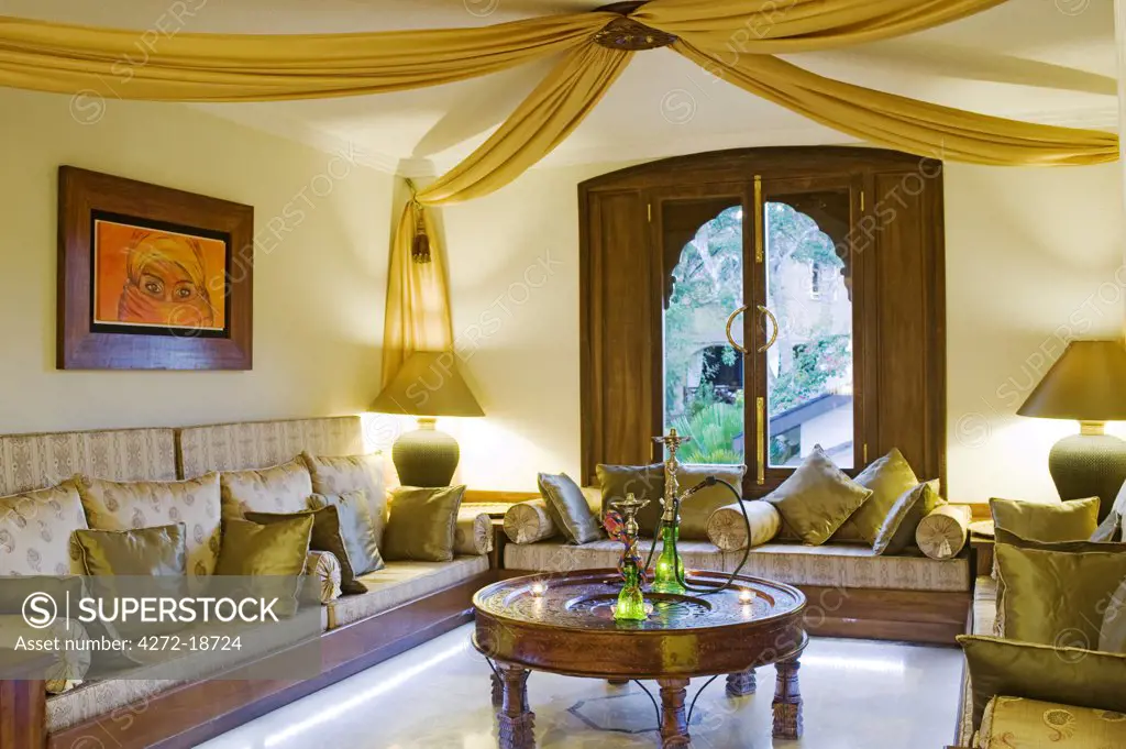 Kenya, Coast, Diani Beach. A Middle Eastern style sitting room in the Presidential Suite at Almanara Beach Resort.