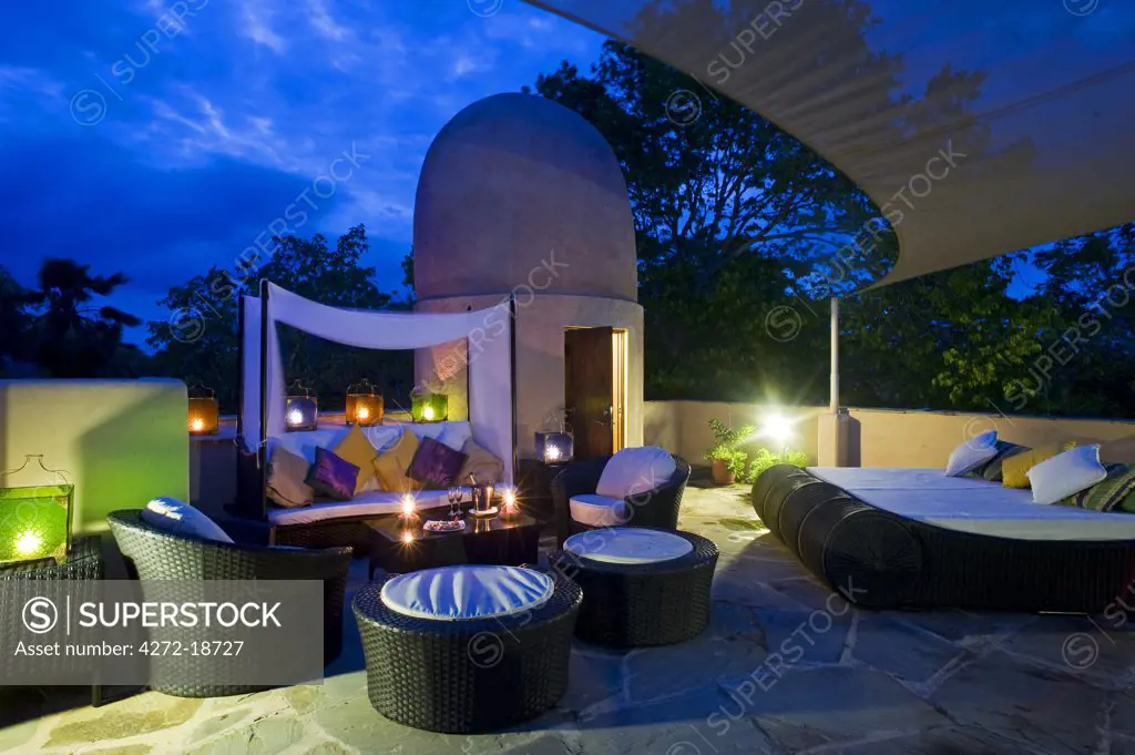 Kenya, Coast, Diani Beach.  Roof terrace of one of the garden villas at Almanara Beach Resort.