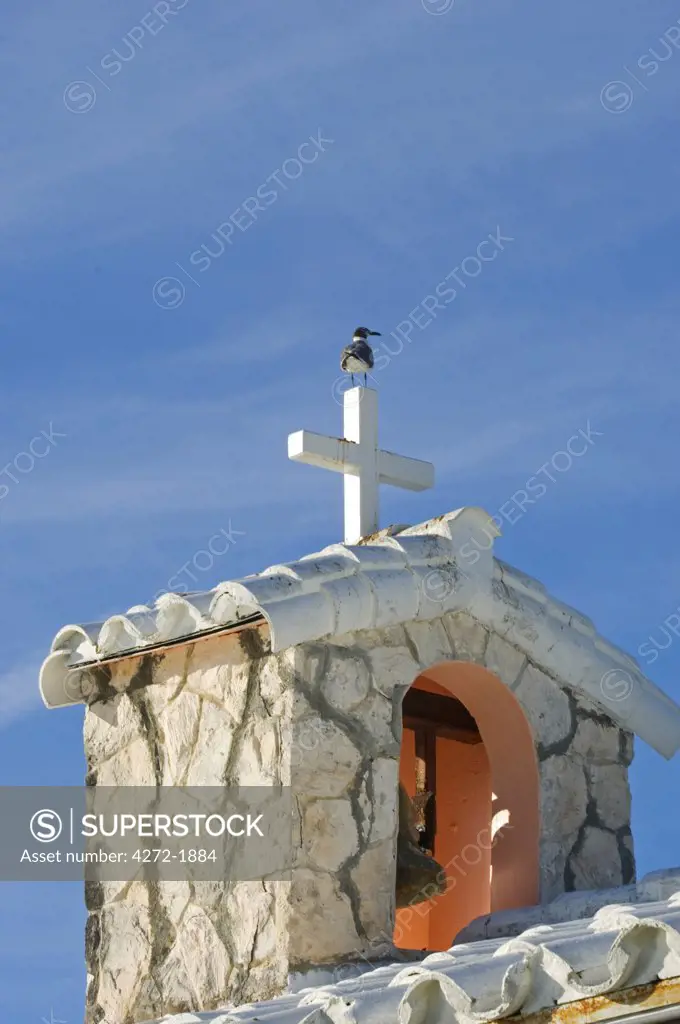 The bell tower on Little Whale Cay's rustic chapel