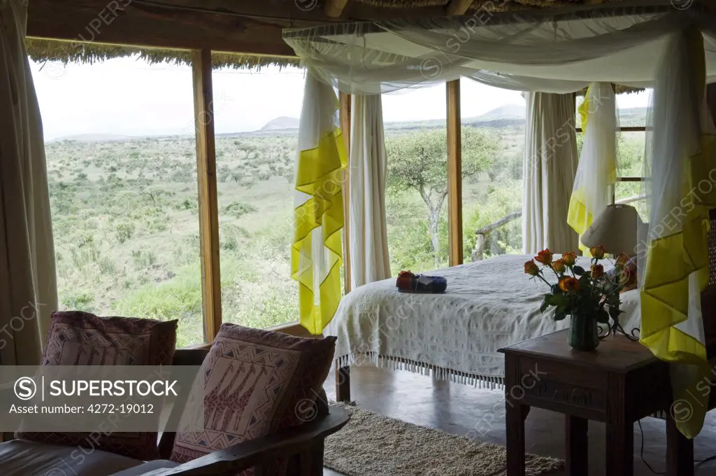 Kenya, Laikipia, Lewa Downs.  One of the guest bedrooms at Wilderness Trails, a luxury safari lodge run and owned by Will and Emma Craig.