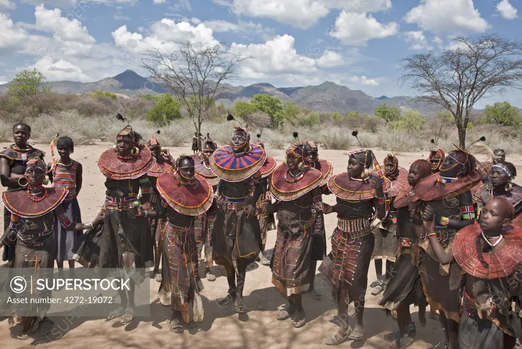Pokot women and girls dancing to celebrate an Atelo ceremony. The Pokot are pastoralists speaking a Southern Nilotic language.