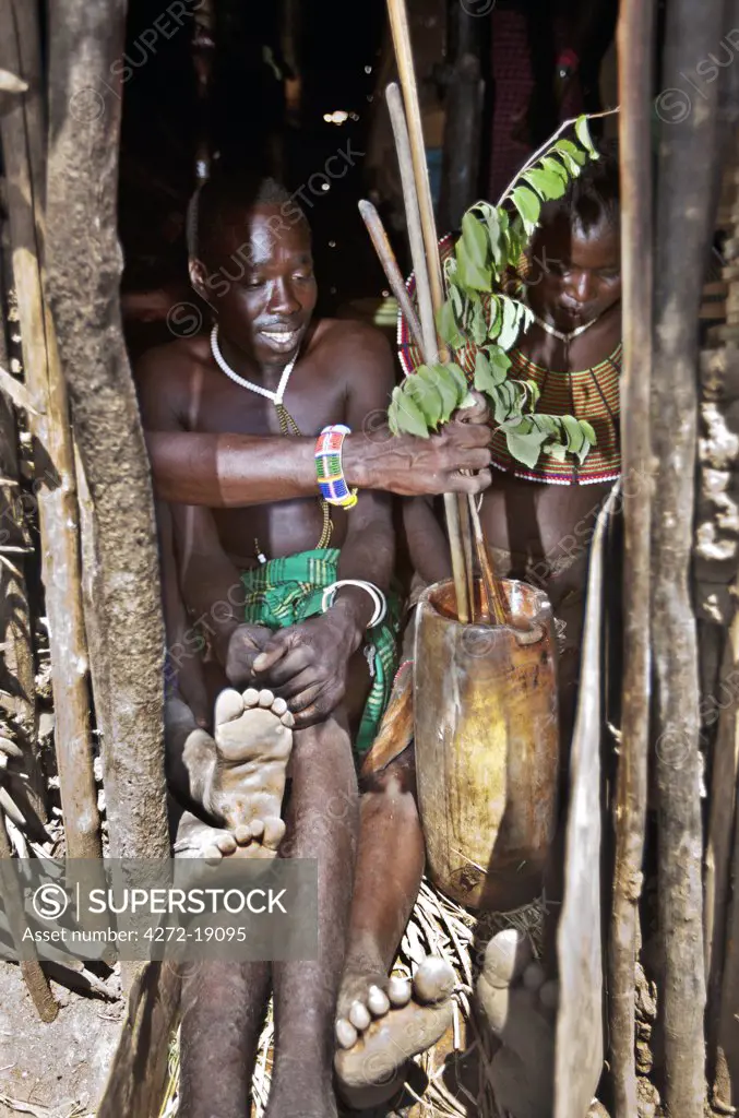 In Pokot tradition, when a woman is 4-6 months pregnant, she and her husband will sit at the entrance to their home in a ceremony called Parpara. Friends and relatives will come to bless her for a successful birth, rubbing the concoction on her stomach.