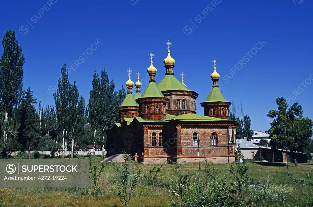 Kyrgyzstan, Karakol. Holy Trinity Cathedral. A Russian Orthodox Church made from wood and corrugated iron completed in 1895 and used as a club during Soviet times. Karakol was founded in 1869 as a Russian military and administrative outpost; it was renamed for the Russian explorer, Nikolay Mikhaylovich Przhevalsky.