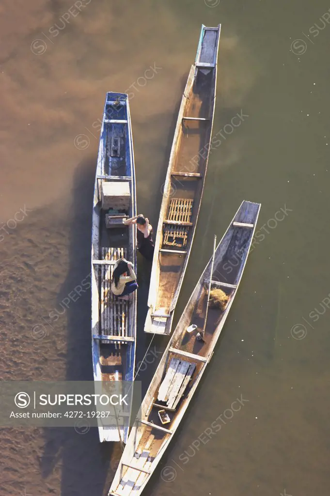 Aerial view of women on boats on Nam Ou river, Nong Khiaw, Laos