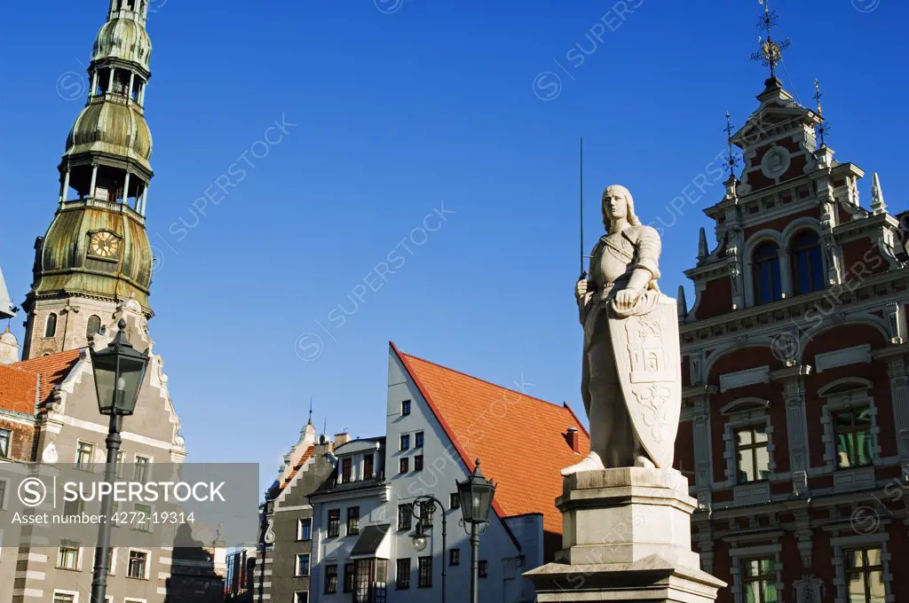 Statue of St Roland, Patron Saint of Riga, the statue is a replica of the original erected in 1897.The statue stands in front of St Peters Church a 13th Century Medieval Lutheran Church and the Museum and The House of Blackheads