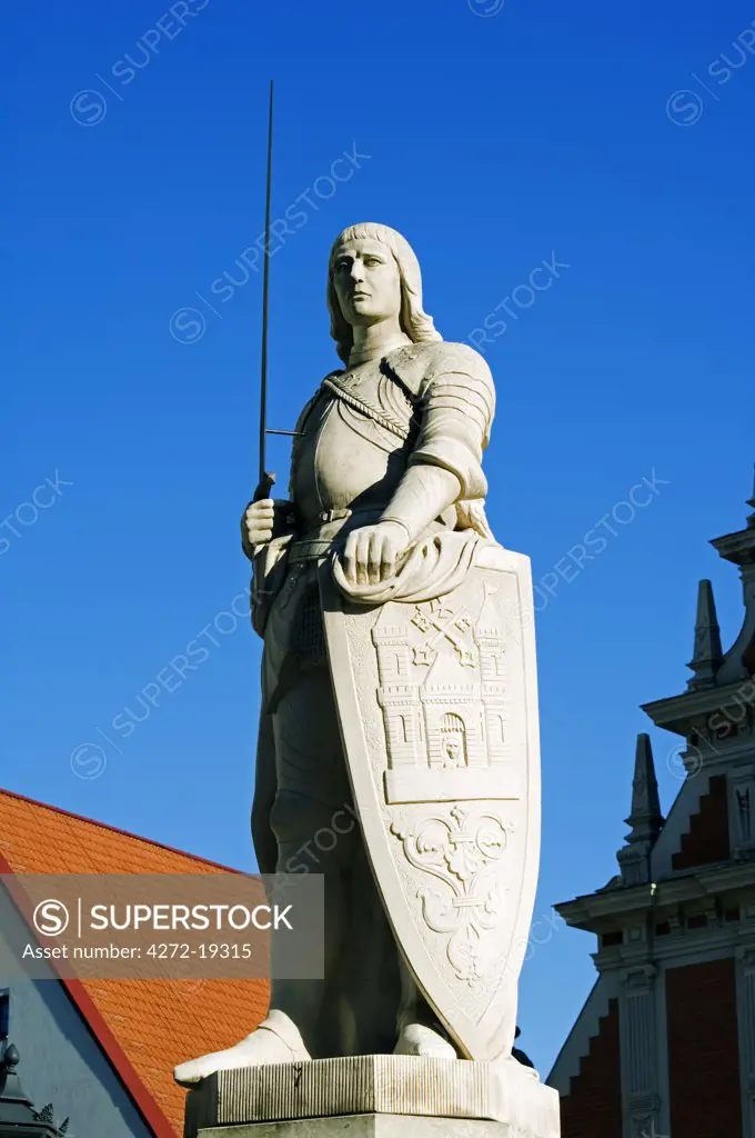 Statue of St Roland, Patron Saint of Riga, the statue is a replica of the original erected in 1897.The statue stands in front of St Peters Church a 13th Century Medieval Lutheran Church and the Museum and The House of Blackhead