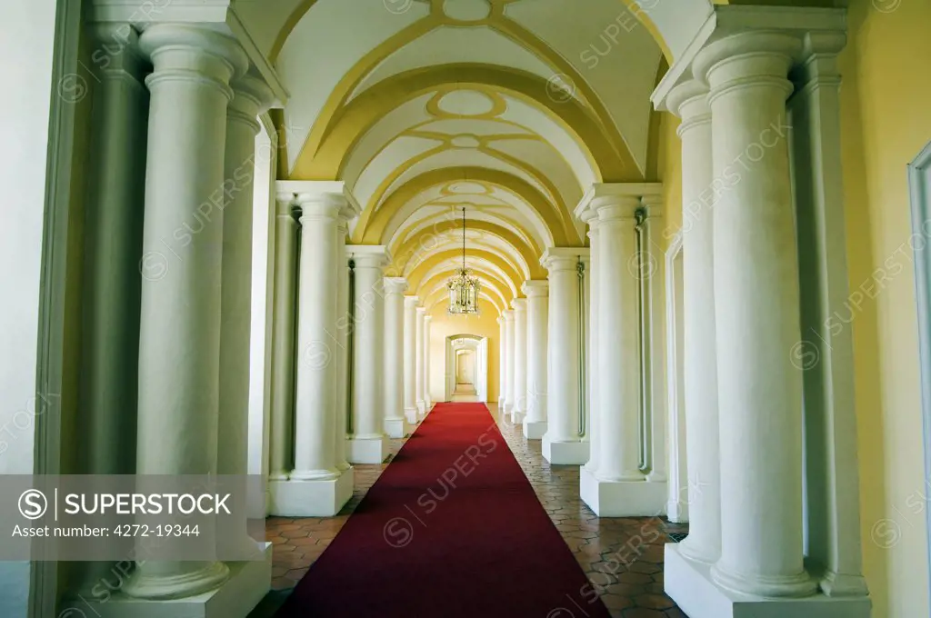 Ornate interior corridor of the baroque style Rundales Palace (Rundales Pils) designed by Architect Bartolomeo Rastrelli Built in 18th Century for Ernst Johann von Buhren (1690-1772) Duke of Courland