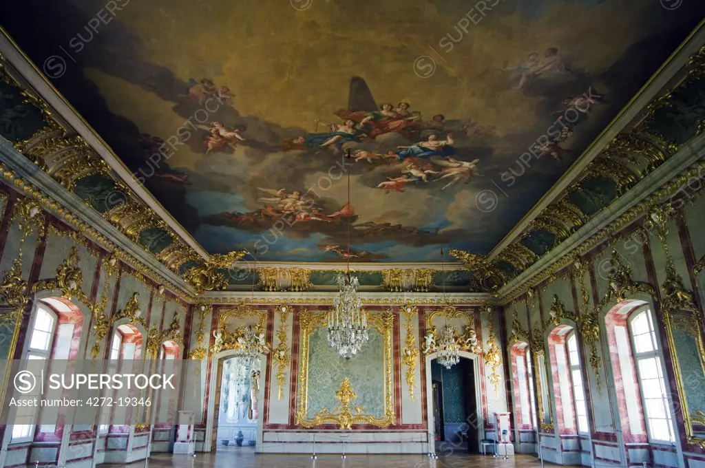 Ornate interior and painted ceiling of the Baroque Style Rundales Palace (Rundales Pils) designed by Architect Bartolomeo Rastrelli Built in 18th Century for Ernst Johann von Buhren (1690-1772) Duke of Courland