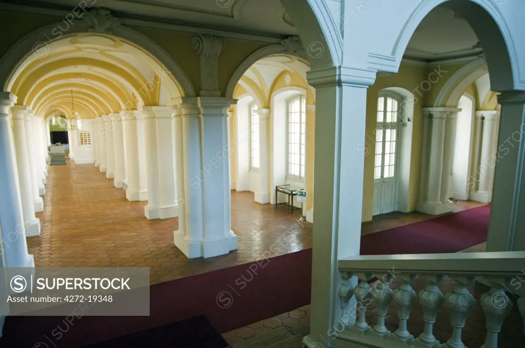 Ornate interior corridor of the baroque style Rundales Palace (Rundales Pils) designed by Architect Bartolomeo Rastrelli Built in 18th Century for Ernst Johann von Buhren (1690-1772) Duke of Courland