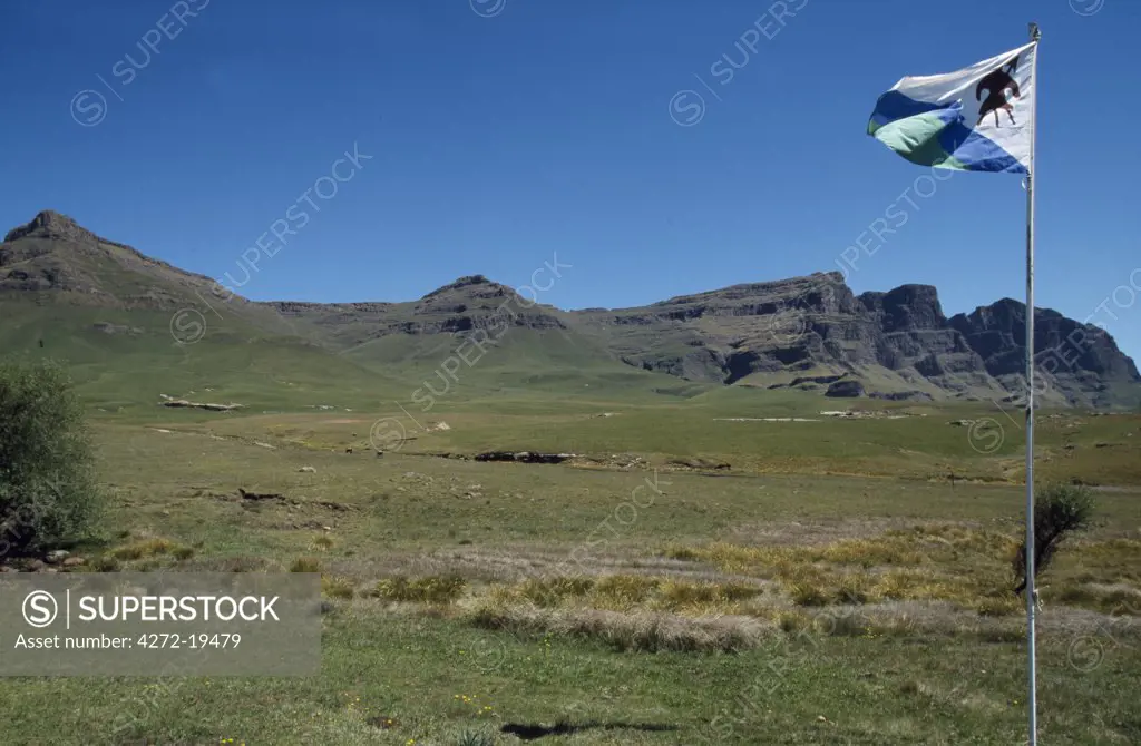 Lesotho national flag flying at Park Headquarters.