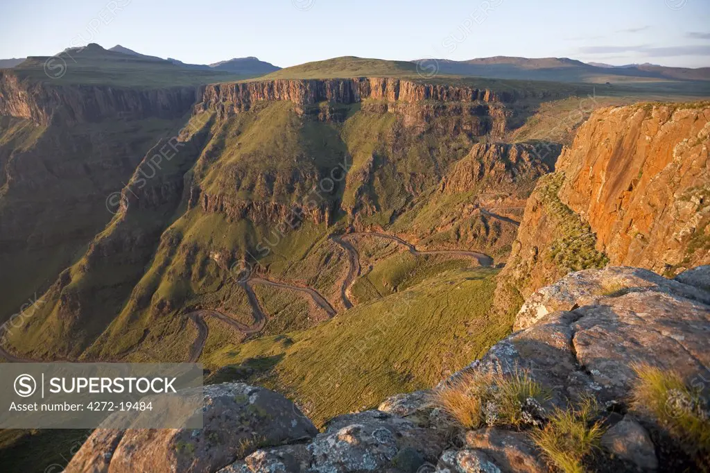 Lesotho, Sani Pass. The border with South Africa in the Drakensberg Mountain range. The infamous Sani Pass winds its way down into South Africa.