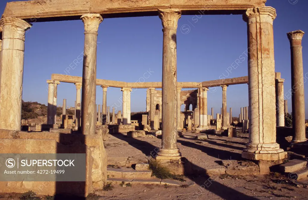 The ruins of the Market in the ancient roman city of Leptis Magna.  The Market consisted of two octagonal halls,.  One hall contained fabrics and the other was reserved for fruit and vegetables.  Begun in the 1st Century AD , the Market was donated to the city by a wealthy citizen called Annobal Rufus.  It was rebuilt during the reign of Emperor Septimus Severus.
