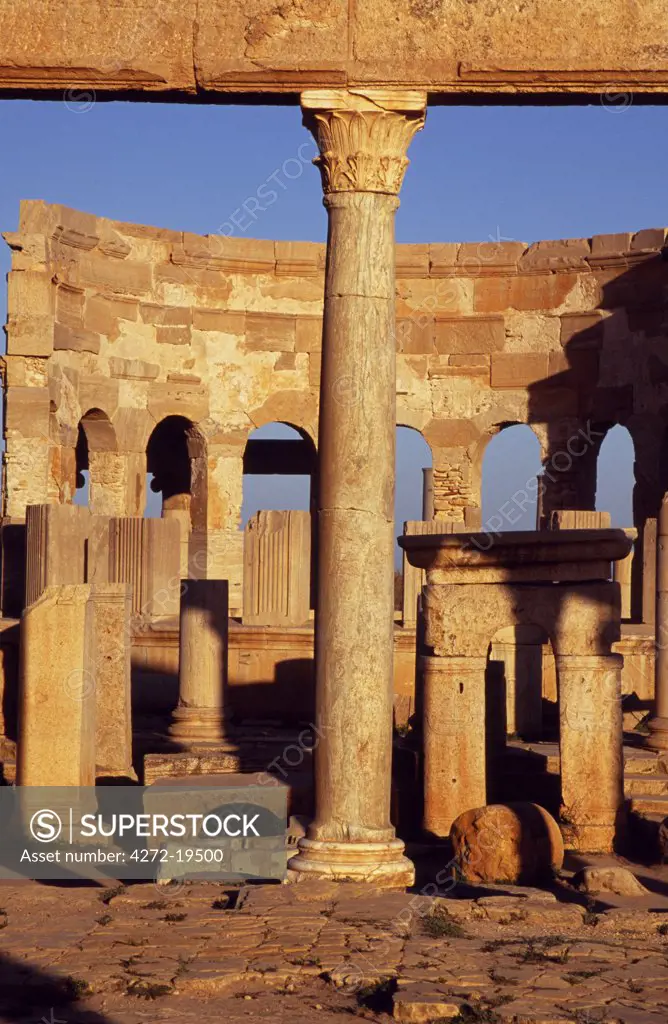 The ruins of the Market in the ancient roman city of Leptis Magna. The Market consisted of two octagonal halls. One hall contained fabrics and the other was reserved for fruit and vegetables.
