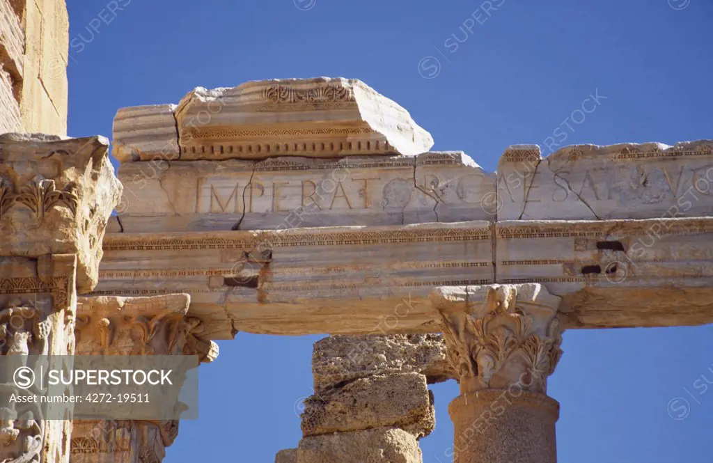 Detail of a carved portico of the Severan Basilica in the ancient Roman city of Leptis Magna.   Modelled on the Basilica Ulpia in the Trajan Forum in Rome, the Emperor Septimus Severan began building the Basilica which was completed by his son, Caracalla, in AD216.