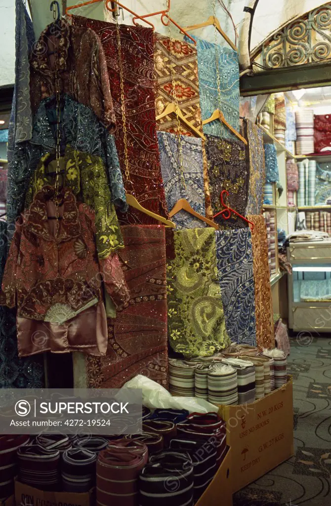 Bridal garments in a clothing shop in the Medina in Tripoli.