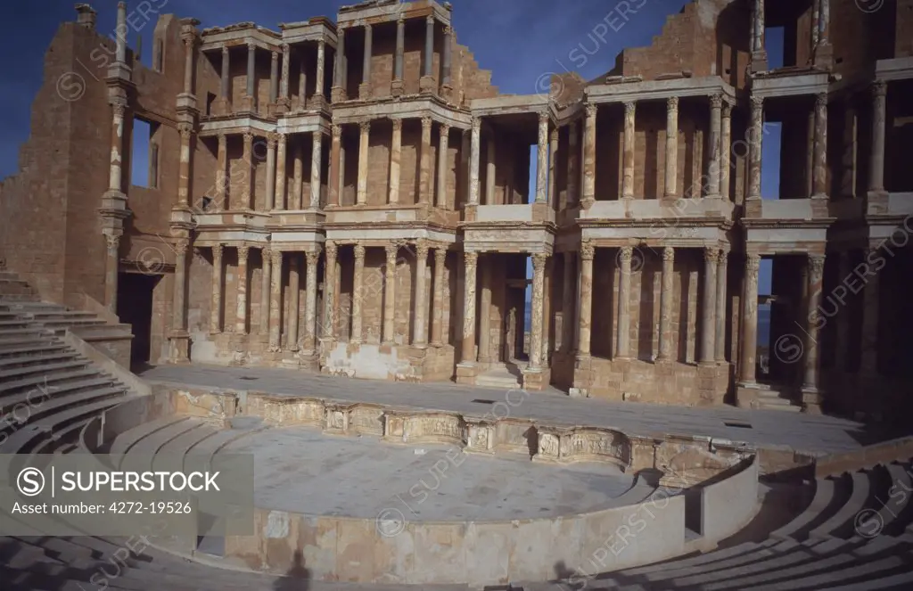 The facade behind the stage in the Roman theatre at Sabratha is one of the most remarkable in the Roman world.  consisting of three tiers, with 108 fluted Corinthian columns that rise over 20 m above the stage.