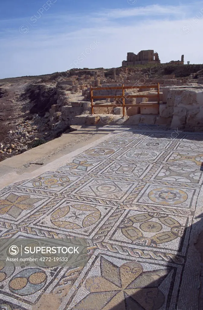 A mosaic on the floor of the Seaward or Ocean Baths at the ancient Roman city of Sabratha.