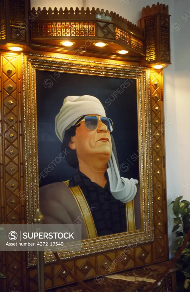 Portrait of the Libyan leader, Colonel Gaddafi, in a hotel in  Tripoli