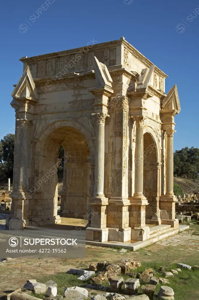 The magnificent arch of Septimus Severus (AD 203) which dominates the entrance to the site of Leptis Magna, Libya.