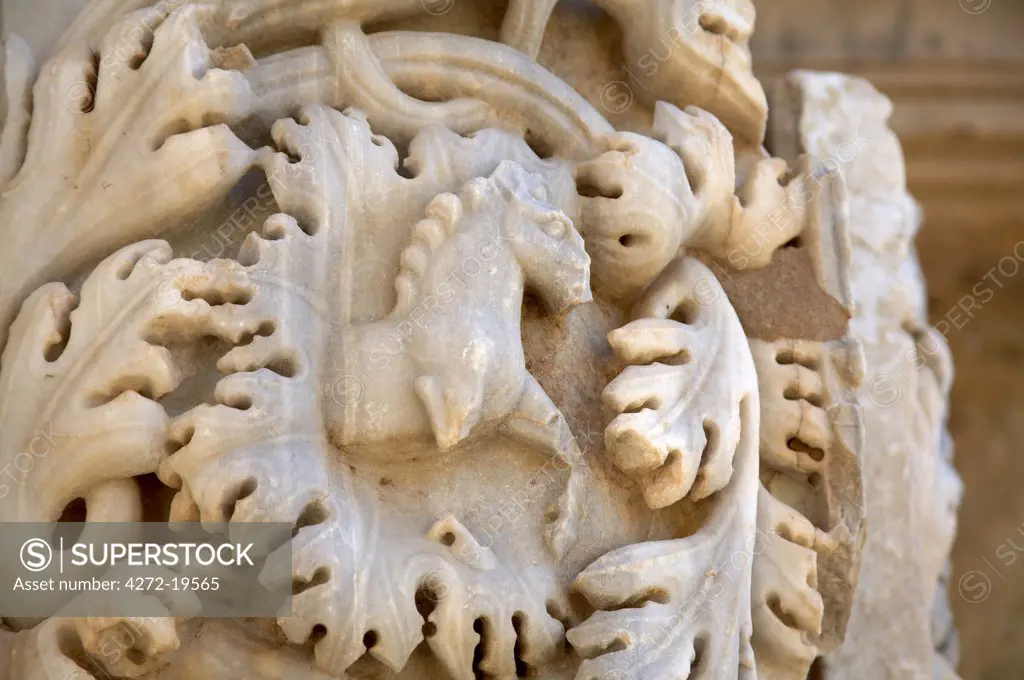 Marble detail on the interior of the Arch of Septimus Severus at Leptis Magna, Libya.