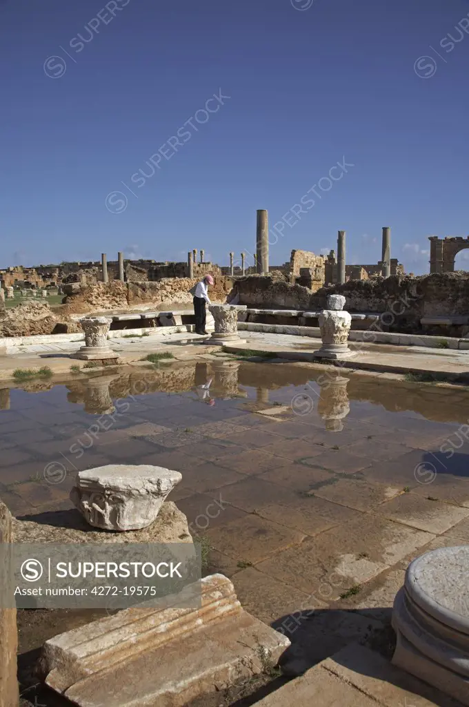 View of the meeting room, looking towards the marble latrines situated on the north-eastern side of the Hadrianic Baths, Leptis Magna, Libya.