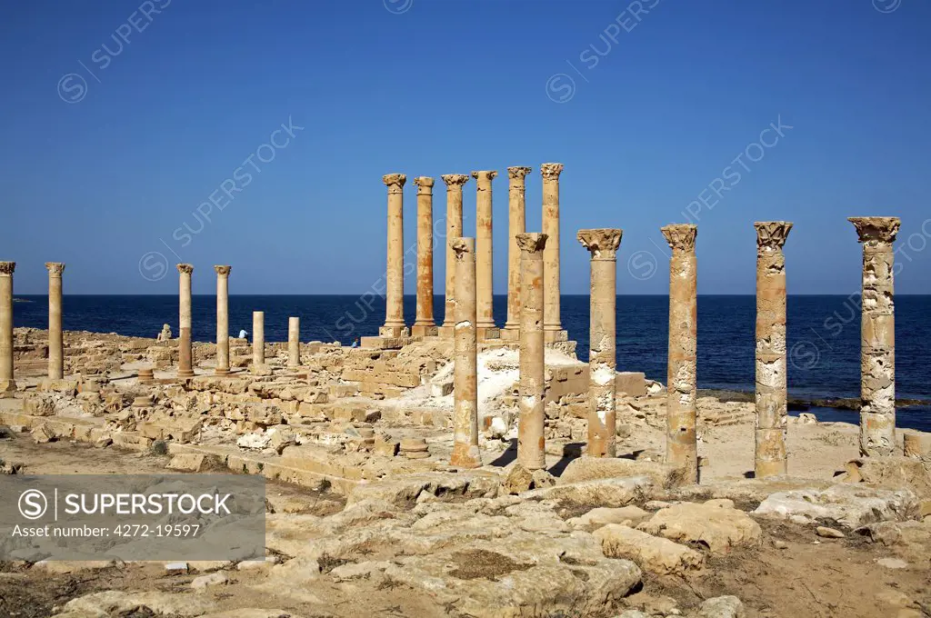 View of the Temple of Isis, overlooking the Mediterranean at Sabratha, Libya.