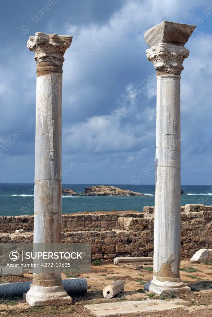 Libya, Cyrenaica, Apollonia. Columns from the byzantine basilica.
