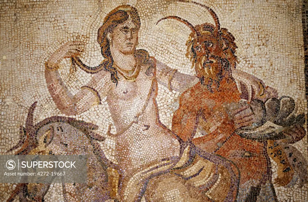 Libya, Cyrene. Mosaic of Nymph and Satyr from Villa of Jason Magnus in the museum.