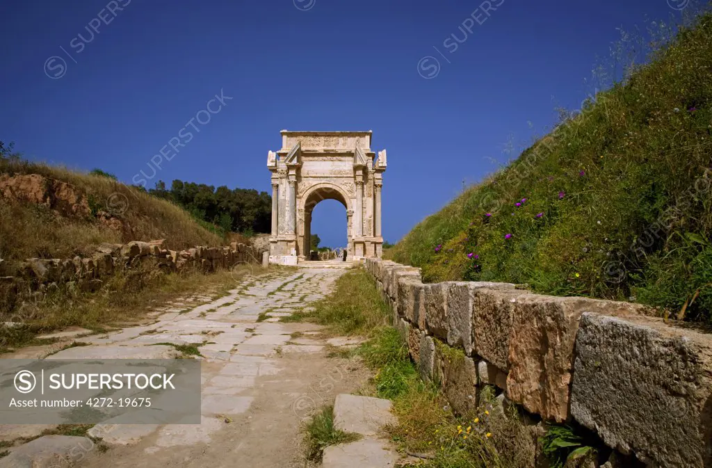 Libya, Tripolitania, Khums; Arch of Septimus Severus in the well preserved city of Leptis Magna.
