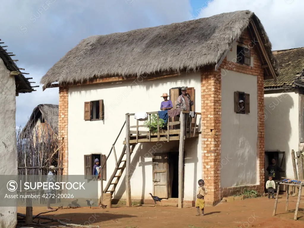 An attractive Malagasy home of the Betsileo people who live southwest of the capital, Antananarivo. Most houses built by the Betsileo are double storied with kitchens and living quarters located on the first floor.