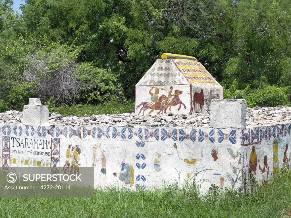 A Mahafaly tomb.  A Mahafaly man who has been a respected and wealthy member of his community will have the highlights of his life perpetuated in colourful paintings adorning his tomb.