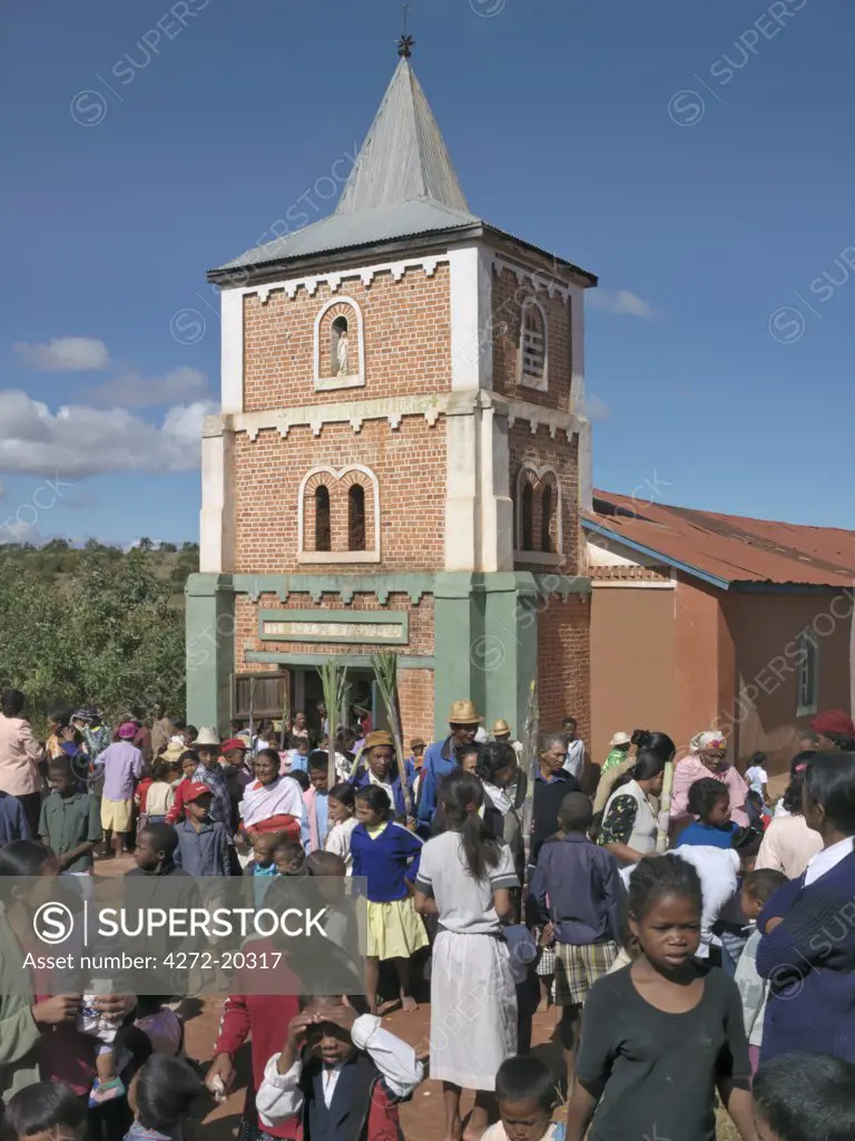 Worshippers leave the Catholic church at Soatanana after attending a Harvest Festival service.