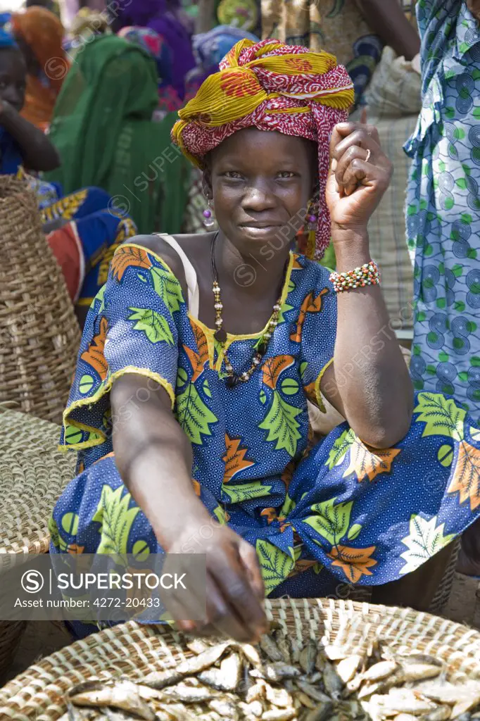 Mali, Bamako, Tinan. A women selling cooked or dried fish at a busy weekly market at the small rural centre of Tinan situated between Bamako and Segou. The fish are caught in the Niger River which forms a vast inland delta during the rainy season.