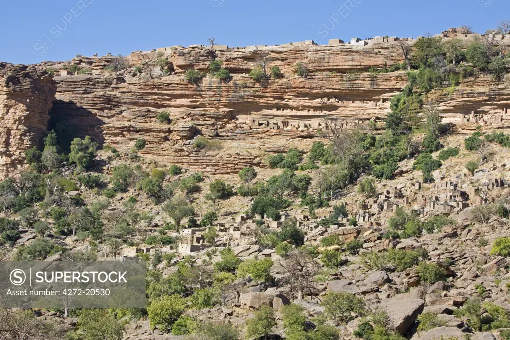 Mali, Dogon Country, Banani. Attractive Dogon villages built among cliffs and rocks at the foot of the 120-mile-long Bandiagara escarpment. Recent development has taken place on top of the escarpment.