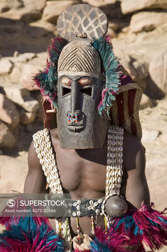 Mali, Dogon Country, Tereli.  A masked dancer wearing coconut shell breasts performs at the Dogon village of Tereli. Tereli is situated among rocks at the base of the spectacular 120-mile-long Bandiagara escarpment.   The mask dance is staged at funeral ceremonies to appease the dead and speed them on their way to the ancestral world.
