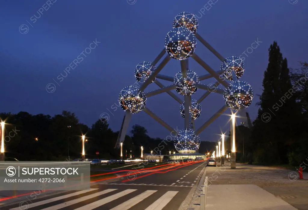Belgium, Brussels. The Atomium monument in Brussels, built for Expo '58, the 1958 Brussels World's Fair.
