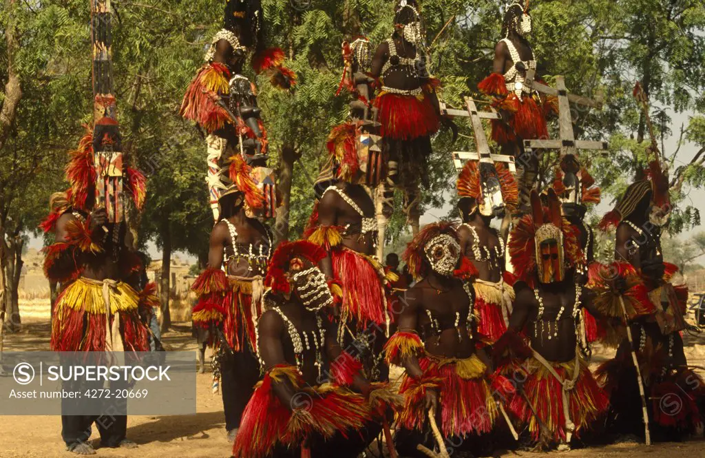 Mali, Bandiagara Escarpment, Sanga. Sanga village dancers re-enact aspects of the Dogon people's creation story through dances, with masks being an important element of this ritual.