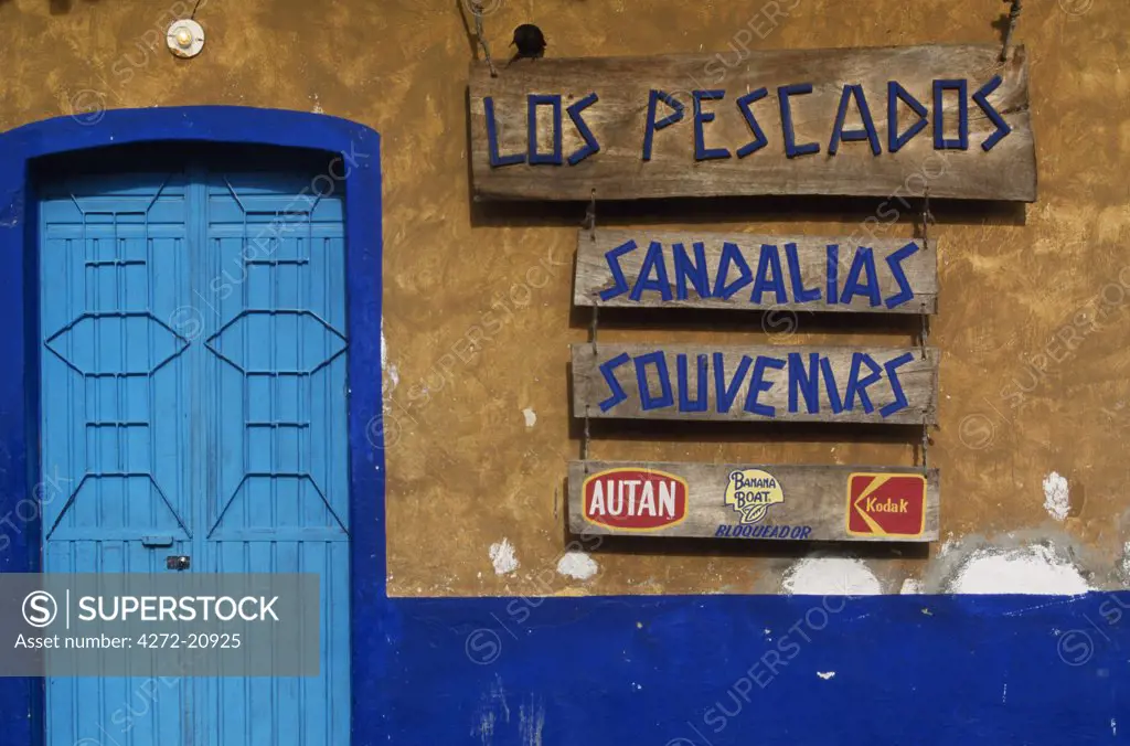 Colourful doorway and shop sign in Jalcomulco.