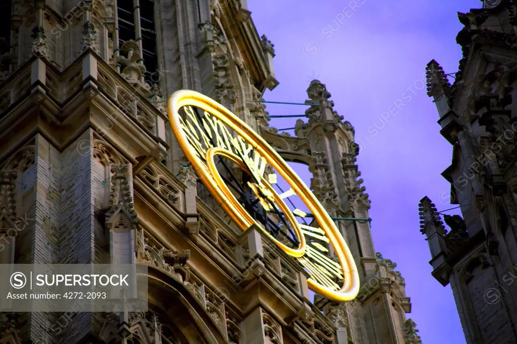 Belgium, Antwerp, Flanders; Detail of tower and clock on the main Cathedral in Antwerp