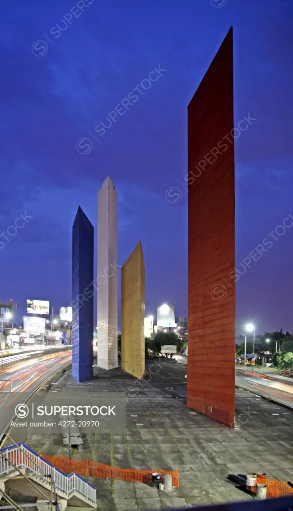 Mexico, Mexico City. The Torres de Satalite (Satelite Towers) are urban sculptures  located in Ciudad Satalite (Satellite City), a middle class zone, in the northern part of Naucalpan, Mexico City.