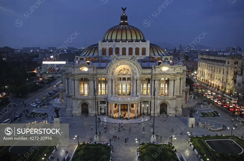 Mexico, Mexico City. Palacio de Bellas Artes ('Palace of Fine Arts') is the premier opera house of Mexico City. The building is famous for both its extravagant Beaux Arts exterior in imported Italian white marble and its murals by Diego Rivera, Rufino Tamayo, David Alfaro Siqueiros, and Jos_ Clemente Orozco.